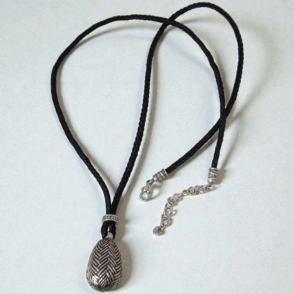 Brighton Neema Braided Leather Cord Oval Pendant Necklace Silver Retired 32-34"